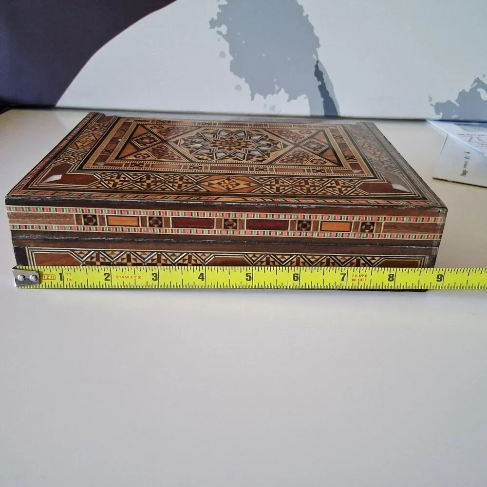 Vintage Handcrafted Wooden Inlaid Jewelry Box Mosaic Design Red Velvet Interior